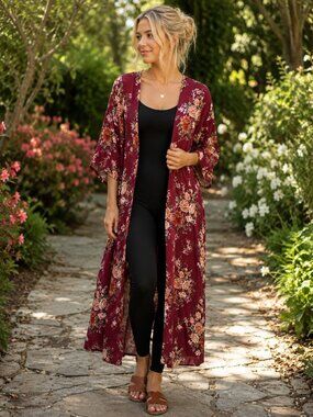 Forever 21 Floral Kimono Cover Up Burgundy Boho Lightweight Oversized Womens XS
